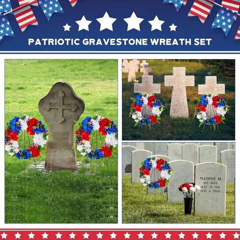 Crowye 2 Sets 4th of July Cemetery Wreath Set 2 Pcs 15.75in Patriotic Gravestone Wreath 2 Pcs 30 in Easel Stand Cemetery Wreath Stand Headstone Wreath Grave Wreath for Memorial Independence Day in Saudi Arabia