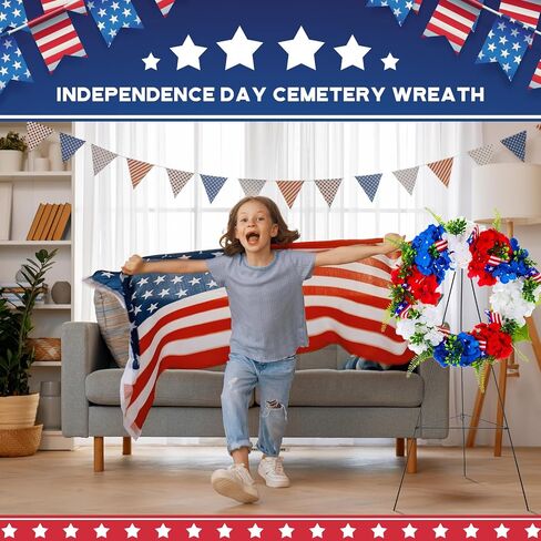 Crowye 2 Sets 4th of July Cemetery Wreath Set 2 Pcs 15.75in Patriotic Gravestone Wreath 2 Pcs 30 in Easel Stand Cemetery Wreath Stand Headstone Wreath Grave Wreath for Memorial Independence Day in Saudi Arabia