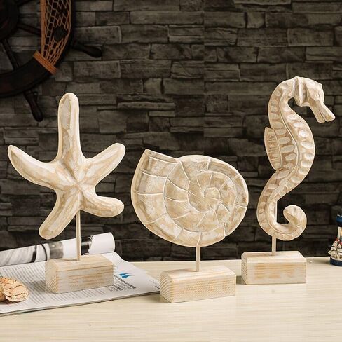 3Pcs Wood Handmade Beach Style Décor Beach Nautical Style Figurines Starfish/Conch/Seahorse Figurines for Living Room Home Decor in Saudi Arabia