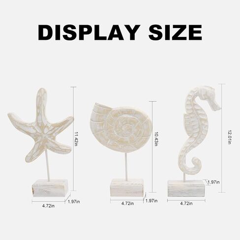 3Pcs Wood Handmade Beach Style Décor Beach Nautical Style Figurines Starfish/Conch/Seahorse Figurines for Living Room Home Decor in Saudi Arabia
