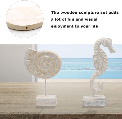 3Pcs Wood Handmade Beach Style Décor Beach Nautical Style Figurines Starfish/Conch/Seahorse Figurines for Living Room Home Decor in Saudi Arabia