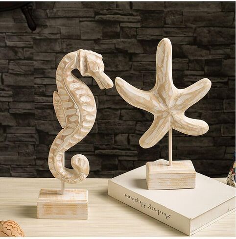 3Pcs Wood Handmade Beach Style Décor Beach Nautical Style Figurines Starfish/Conch/Seahorse Figurines for Living Room Home Decor in Saudi Arabia