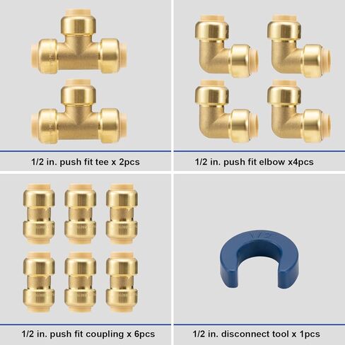 مجموعة تركيب أنابيب PEX مقاس 1/2 بوصة، مجموعة تركيب دفع نحاسية مقاس 1/2 بوصة مع كوع 90 درجة، نقطة الإنطلاق والوصلة، ادفع للتوصيل للاتصال السريع بحزمة أنابيب PEX المكونة من 12 قطعة in Kuwait