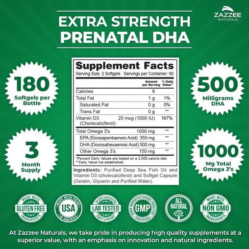 Zazzee قوة إضافية قبل الولادة DHA 500 مجم، 180 كبسولة هلامية معوية مغلفة، 1000 مجم أوميغا 3، 1000 وحدة دولية فيتامين D3، خالي من التجشؤ، بدون مذاق مريب، شكل ثلاثي الجليسريد الفائق، زيت سمك أعماق البحار المنقى in Kuwait