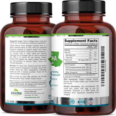 Zazzee قوة إضافية قبل الولادة DHA 500 مجم، 180 كبسولة هلامية معوية مغلفة، 1000 مجم أوميغا 3، 1000 وحدة دولية فيتامين D3، خالي من التجشؤ، بدون مذاق مريب، شكل ثلاثي الجليسريد الفائق، زيت سمك أعماق البحار المنقى in Kuwait