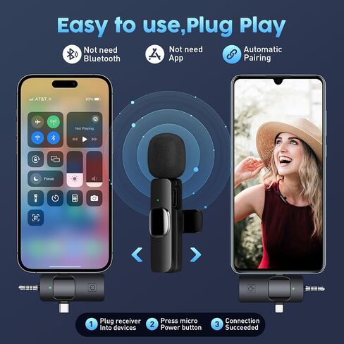 TUTGLOBAL USB Type-C&Lightning Mini Wireless Lavalier Microphone for Android iPhone iPad iPhone 15 Pro Max Galaxy,2 Pack Lapel Microphones,AutoConnect Noise Cancelling Mic for Podcast/Record/etc in Kuwait