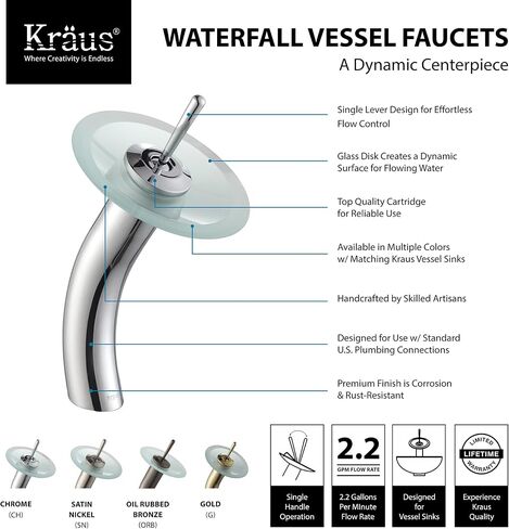Kraus KGW-1700CH-FR Single Lever Vessel Glass Waterfall Bathroom Faucet Chrome with Frosted Glass Disk,Bronze in Saudi Arabia