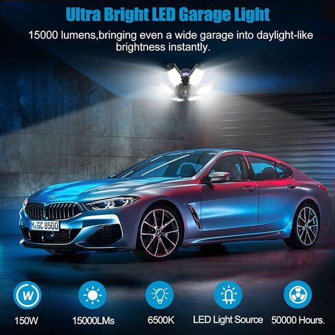 TANBABY 2 Pack LED Garage Lights, Total 30000LM Deformable Best Garage Light Ceiling LED Shop Lights, 150W E26/E27 LED Light Garage Lighting with 6+1 Adjustable Panels Garage Bulb for Basement, Attic in Saudi Arabia
