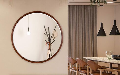 Kate and Laurel McLean Mid-Century Wood Framed Wall Mirror, 30 inch Diameter, Walnut Brown, Decorative Modern Round Mirror in Saudi Arabia