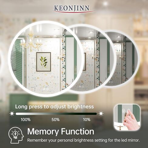 Keonjinn 36 بوصة LED مرآة مستديرة للحمام مع أضواء أمامية 3 أضواء درجة حرارة اللون خافتة 3000K/4500K/6000K مرآة الغرور المثبتة على الحائط بدون إطار in Kuwait