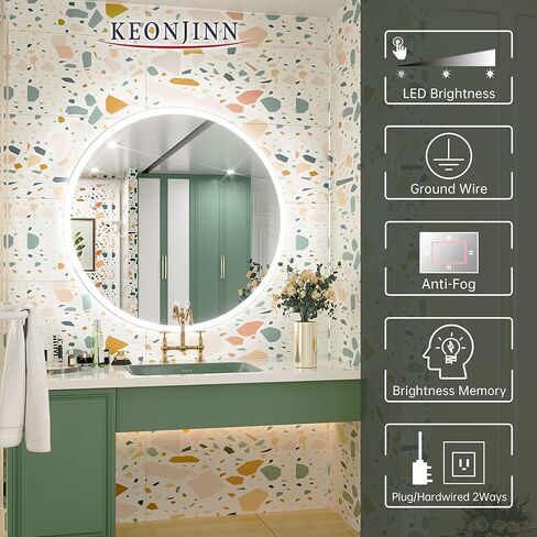 Keonjinn 36 بوصة LED مرآة مستديرة للحمام مع أضواء أمامية 3 أضواء درجة حرارة اللون خافتة 3000K/4500K/6000K مرآة الغرور المثبتة على الحائط بدون إطار in Kuwait