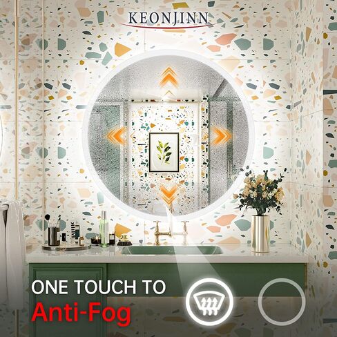 Keonjinn 36 بوصة LED مرآة مستديرة للحمام مع أضواء أمامية 3 أضواء درجة حرارة اللون خافتة 3000K/4500K/6000K مرآة الغرور المثبتة على الحائط بدون إطار in Kuwait