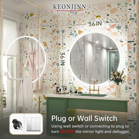 Keonjinn 36 بوصة LED مرآة مستديرة للحمام مع أضواء أمامية 3 أضواء درجة حرارة اللون خافتة 3000K/4500K/6000K مرآة الغرور المثبتة على الحائط بدون إطار in Kuwait
