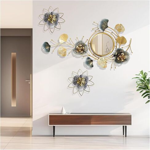 Mirror Wall Decor, Wall Mirrors Use 3D Metal Ginkgo Biloba Design Frame and HD Glass Mirror, Home Wall Mirror Art Decor for Living Room Bedroom Bathroom,A,32.6 * 18.9IN in Saudi Arabia
