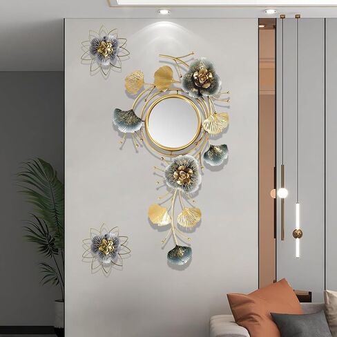Mirror Wall Decor, Wall Mirrors Use 3D Metal Ginkgo Biloba Design Frame and HD Glass Mirror, Home Wall Mirror Art Decor for Living Room Bedroom Bathroom,A,32.6 * 18.9IN in Saudi Arabia