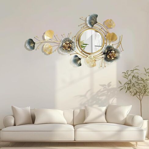 Mirror Wall Decor, Wall Mirrors Use 3D Metal Ginkgo Biloba Design Frame and HD Glass Mirror, Home Wall Mirror Art Decor for Living Room Bedroom Bathroom,A,32.6 * 18.9IN in Saudi Arabia
