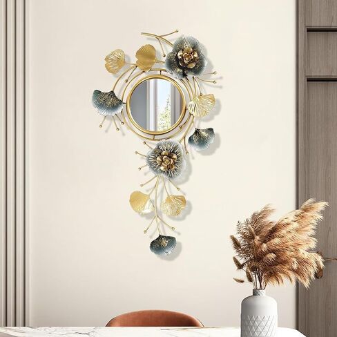Mirror Wall Decor, Wall Mirrors Use 3D Metal Ginkgo Biloba Design Frame and HD Glass Mirror, Home Wall Mirror Art Decor for Living Room Bedroom Bathroom,A,32.6 * 18.9IN in Saudi Arabia