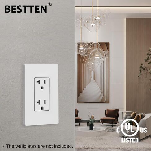 BESTTEN 10 عبوات من منافذ مقبس الحائط للديكور بقدرة 20 أمبير، غير مقاومة للعبث، 20 أمبير/125 فولت/2500 وات، للاستخدام السكني والتجاري، مدرج في قائمة UL، أبيض in Kuwait