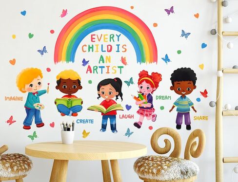 Removable Reading Corner Rainbow Wall Decal DIY Peel and Stick Kids Wall Sticker Colorful Handprint Heart Decal Vinyl Wall Mural Art Decor for Daycare Playroom Bedroom Sofa TV Background in Saudi Arabia