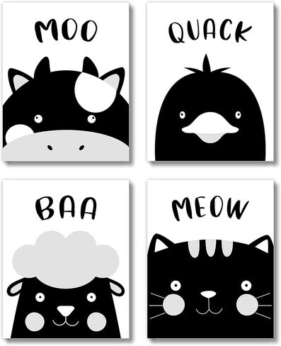 مطبوعات فنية لديكور الحائط لغرف الأطفال في مزرعة بروك آند فاين غير مؤطرة مقاس 8 × 10 مجموعة من 4 قطع للأطفال الصغار، والبنات، والصبيان، وحمامات الأطفال، وغرفة اللعب، والفصول الدراسية - أصوات الحيوانات باللونين الأبيض والأسود in Kuwait