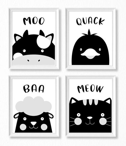 مطبوعات فنية لديكور الحائط لغرف الأطفال في مزرعة بروك آند فاين غير مؤطرة مقاس 8 × 10 مجموعة من 4 قطع للأطفال الصغار، والبنات، والصبيان، وحمامات الأطفال، وغرفة اللعب، والفصول الدراسية - أصوات الحيوانات باللونين الأبيض والأسود in Kuwait