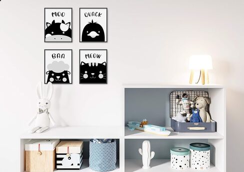 مطبوعات فنية لديكور الحائط لغرف الأطفال في مزرعة بروك آند فاين غير مؤطرة مقاس 8 × 10 مجموعة من 4 قطع للأطفال الصغار، والبنات، والصبيان، وحمامات الأطفال، وغرفة اللعب، والفصول الدراسية - أصوات الحيوانات باللونين الأبيض والأسود in Kuwait