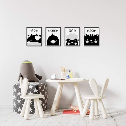 مطبوعات فنية لديكور الحائط لغرف الأطفال في مزرعة بروك آند فاين غير مؤطرة مقاس 8 × 10 مجموعة من 4 قطع للأطفال الصغار، والبنات، والصبيان، وحمامات الأطفال، وغرفة اللعب، والفصول الدراسية - أصوات الحيوانات باللونين الأبيض والأسود in Kuwait