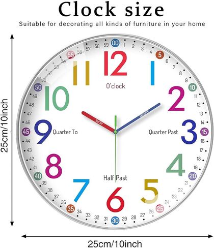 Telling Time Clock - NonTicking Cute Wall Watch Clock - Silent Analog Clock for Room- BA-3 (A Type, 10 Inch) in Saudi Arabia
