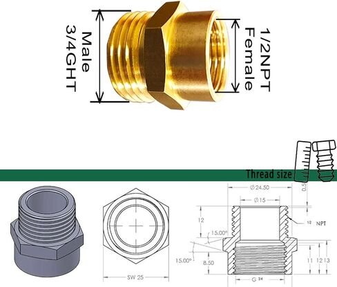 AOPANDA خرطوم حديقة نحاسي ملولب 1/2 NPT أنثى × 3/4 GHT وصلة تركيب ذكر، محول خرطوم الحديقة، خيط مزدوج ذكر وأنثى 1/2 NPT أنثى × 3/4 GHT ذكر أنبوب (عبوتان) in Kuwait