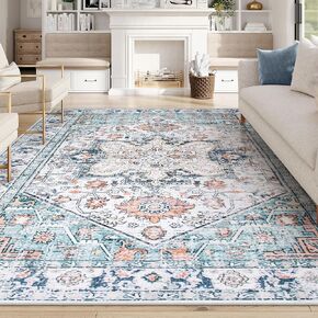 8x10 Area Rugs for Living Room,Vintage Washable Rugs Boho Rugs for Bedroom with Non Slip Backing,Oriental Large Floor Carpet Distressed Low Pile Rug for Dining Room Nursery(Blue)