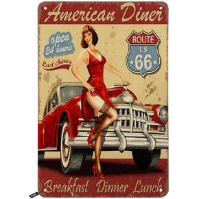 Swono American Diner Route US 66 Tin Signs,Open 24 Hours Breakfast Dinner Lunch Vintage Metal Tin Sign for Men Women,Wall Decor for Bars,Restaurants,Cafes Pubs,12x8 Inch