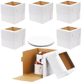 Moretoes 6 Pack 8x8x8 Inches Tall Cake Boxes 8 Inch with Cake Boards, White Cake Box with Window, Cake Carrier, Disposable Cake Containers