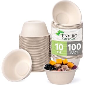 10 Oz Bamboo Disposable Bowls - 100 Pack - Heavy Duty Soup Bowls - Microwavable, Oven Safe, Eco-Friendly, Leak-Proof