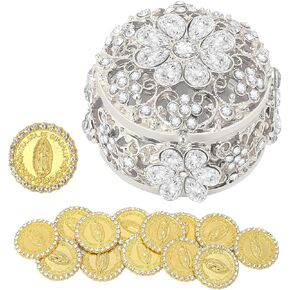 Wedding Arras Coins Set, Arras De Boda Catolica,Arras Para Boda Catolica Decoracion Gold Gift Box with 13 Virgen of Guadalupe Coins,Mexican Wedding Accessories for Ceremony (Gold)