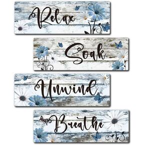 Bathroom Wall Decor Sign, 4 Pieces Bathroom Wooden Sign With Rope, Relax Soak Unwind Breathe Wall Art Decor For Farmhouse Home Bathroom Restroom, Artwork Gifts For Family Friend Colleague, B12