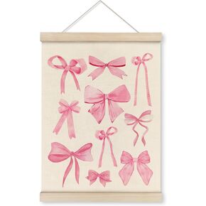 HRQKO Pink Bow Coquette Poster Hanger Frame, Bow Room Decor, Coquette Wall Decor, Bow Decor, Preppy Wall Art with Wooden Frames, Pink Girly Wall Hanging Banner for Teen Girls Room Dorm, 12x16 Inch