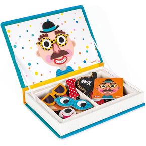 Janod Magnetibook 83 Pc Magnetic Boy Crazy Face Dress Up Game for Imagination Play - Book Shaped Travel/Storage Case Included - S.T.E.M. Toy for Ages 3+