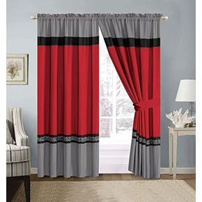 GrandLinen 4 Piece Red/Grey/Black/White Scroll Embroidery Microfiber Curtain Set 120 inch Wide X 84 inch Long (2 window panels, 2 ties)