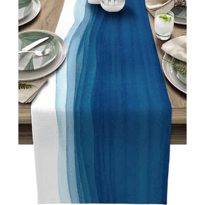 Blue White Table Runner, Non-Slip Dining Table Runners for Kitchen, Ombre Ocean Wave Coffee Table Runners Dresser Scarf for Living Room Garden Wedding Parties (13x70 inches Long)