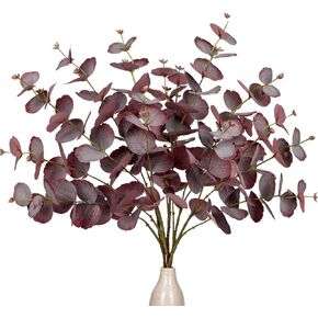 5 Pcs Artificial Red Eucalyptus Stems Fall Fake Leaves Plants Tall 30" Silk Eucalyptus Stems Branches Fall Floral Arrangement Decoration, Faux Plant Farmhouse Indoor Home Wedding Decor