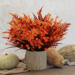 16 Bundles Artificial Fall Mums Flowers Plants Outdoors, UV Resistant Faux Plastic Shrubs Fake Greenery for Garden Patio Decor Window Box Office Hanging Planter Pathway Front Porch (Orange Mixed)