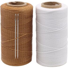 Tenn Well Waxed Thread for Leather Sewing, 2PCS x 284 Yards 150D 1mm Flat Wax Sail Thread Kit with Needles for Leather Projects, Book Binding (Black, White)