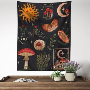 GYW Botanical Mushroom Tapestry Wall Hanging Floral Sun Moon Starry Chart Wall Tapestry Bohemian Tapestries for Badroom Home Decor (51x59inch)