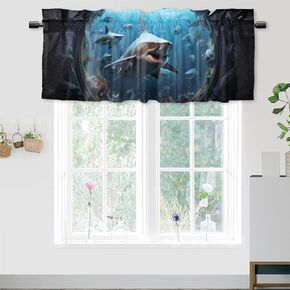 Sharks Valance Curtains for Kitchen Bathroom Bedroom Cafe Living Room,Sea Animal Underwater Art Rod Pocket Decor Short Window Curtain 1 Panel, 54x18 Inch