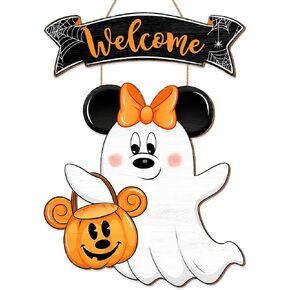 Halloween Cute Mouse Ghost Door Decorations Welcome Hanging Sign, Happy Halloween Front Door Decor, Halloween Wooden Pumpkin Ornaments Door Hanger for Home Outdoor Indoor Wall Holiday Party