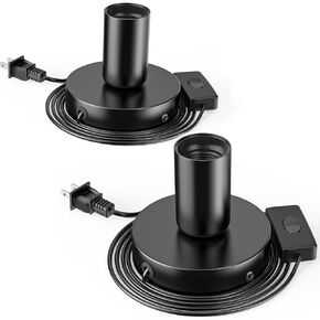 Hompavo 2 Polished Metal Desktop/Hanging Light Bulb Socket E26/E27 Lamp Base, Screw Light Bulb Extension Socket with 6 Feet Pure Copper Cord, On Off Switch Plug - Black