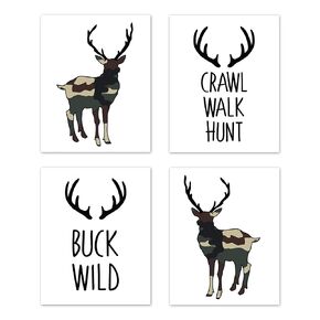 Sweet Jojo Designs Green and Beige Rustic Deer Wall Art Prints Room Decor for Baby, Nursery, and Kids for Woodland Camo Collection - Set of 4 - Crawl, Walk, Hunt, Buck Wild