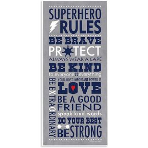 The Kids Room By Stupell Grey and Navy Superhero Rules Typography Canvas Wall Art, 10 x 24, Proudly Made in USA, Multicolor
