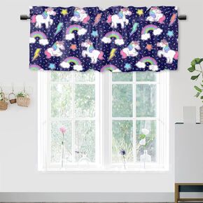 Unicorn Valance Curtains for Kitchen Bathroom Bedroom Cafe Living Room,Cartoon Animal Print Art Rod Pocket Decor Short Window Curtain 1 Panel, 54x18 Inch