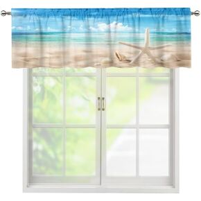 Kitchen Starfish Valance Window Curtains, Beach Waves Starfish Pattern for Bedroom Living Room，54x18Inch 1P